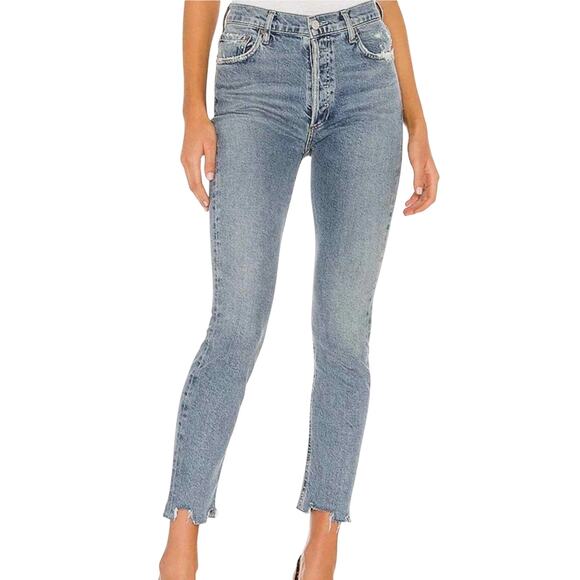 Agolde Nico High Rise Blue Light Wash Chew Hem Distressed Skinny Jeans size 23 - Picture 1 of 11